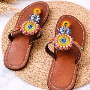 Women's Brown Beaded Thong Sandals with Multicolor Accents